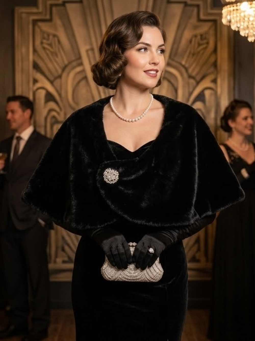 Black Faux Fur Cape Wrap with Decorative Brooch